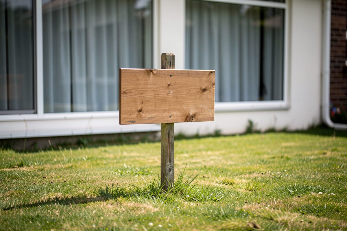 The wider scene around the sign: The rider that advertises a house the market cannot yet see.
