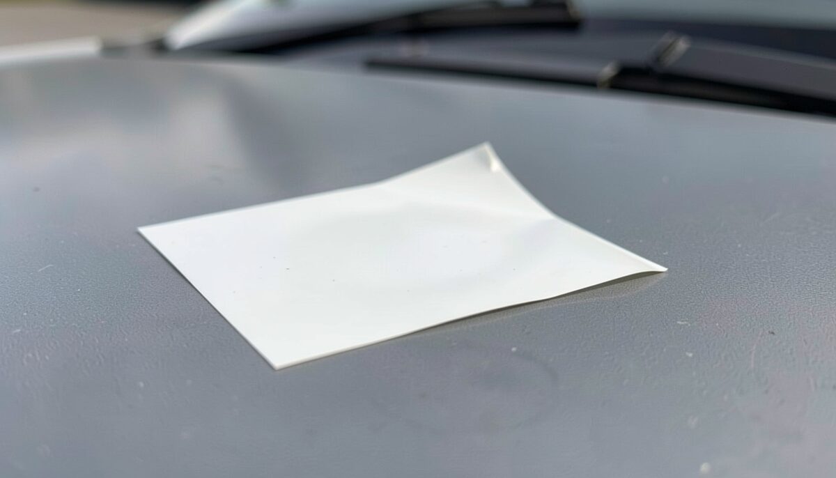 A blank white rectangular sticker half-peeled from wax backing paper lying on a car hood, adhesive sheen