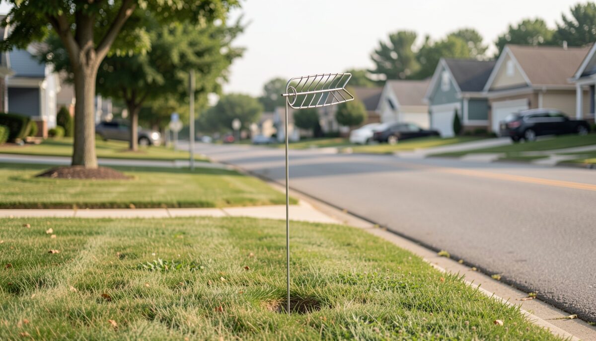 An empty wire arrow-frame stake pressed into a street-corner lawn pointing down the road, balloons tied to a mailbox beyond