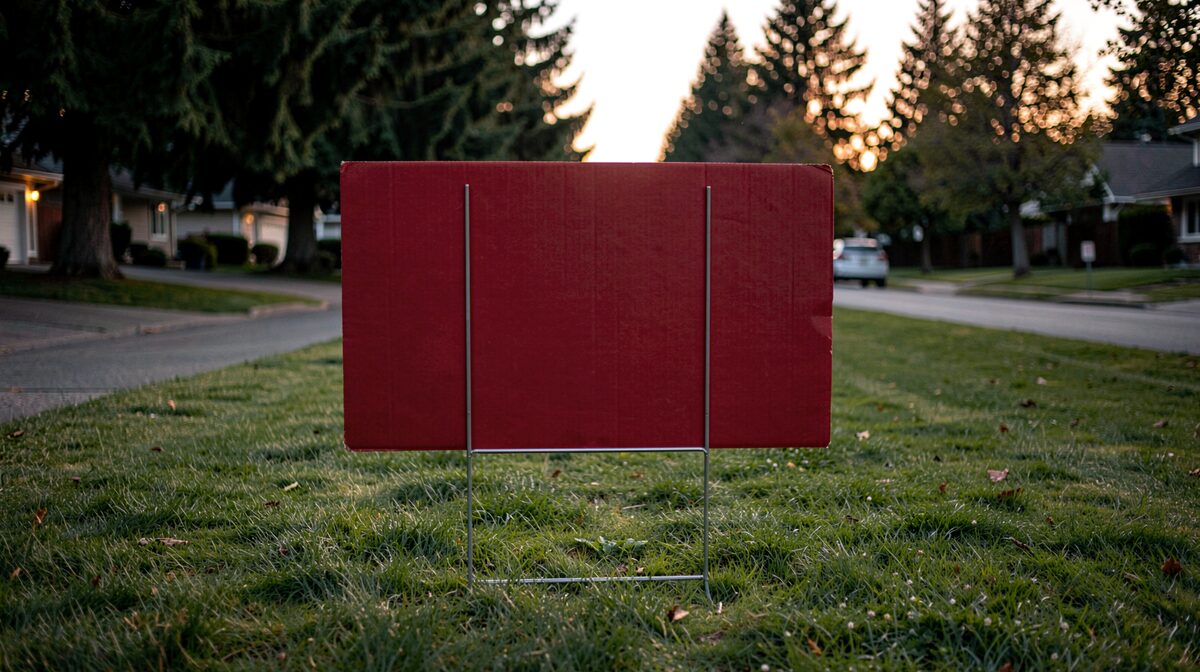 A red coroplast yard sign on a suburban lawn at dusk, riders hanging below the panel