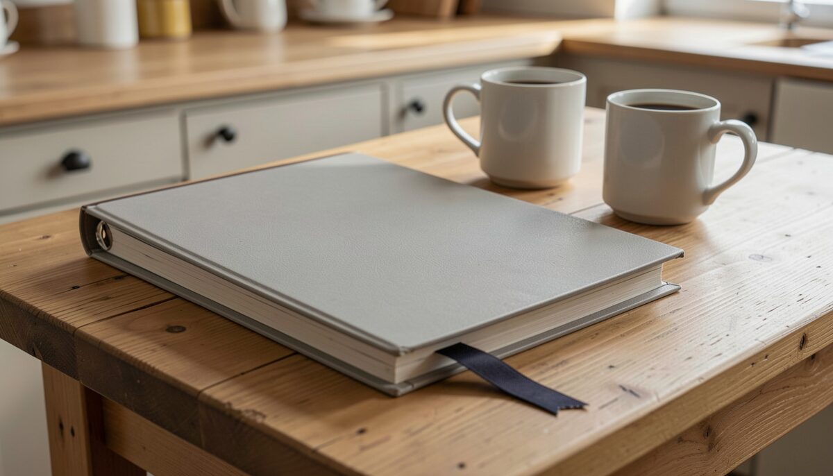 A closed report binder with a fabric bookmark ribbon on a kitchen table beside two coffee mugs