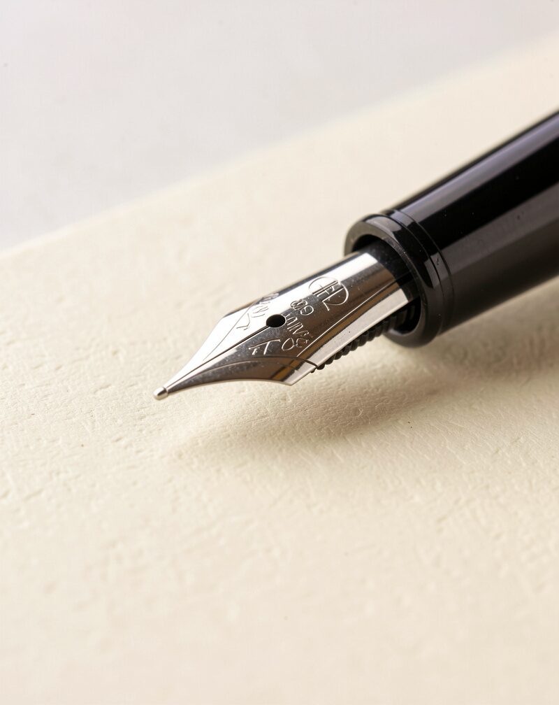 A blank cream note card face-down on a writing desk beside a fountain pen and a roll of postage stamps