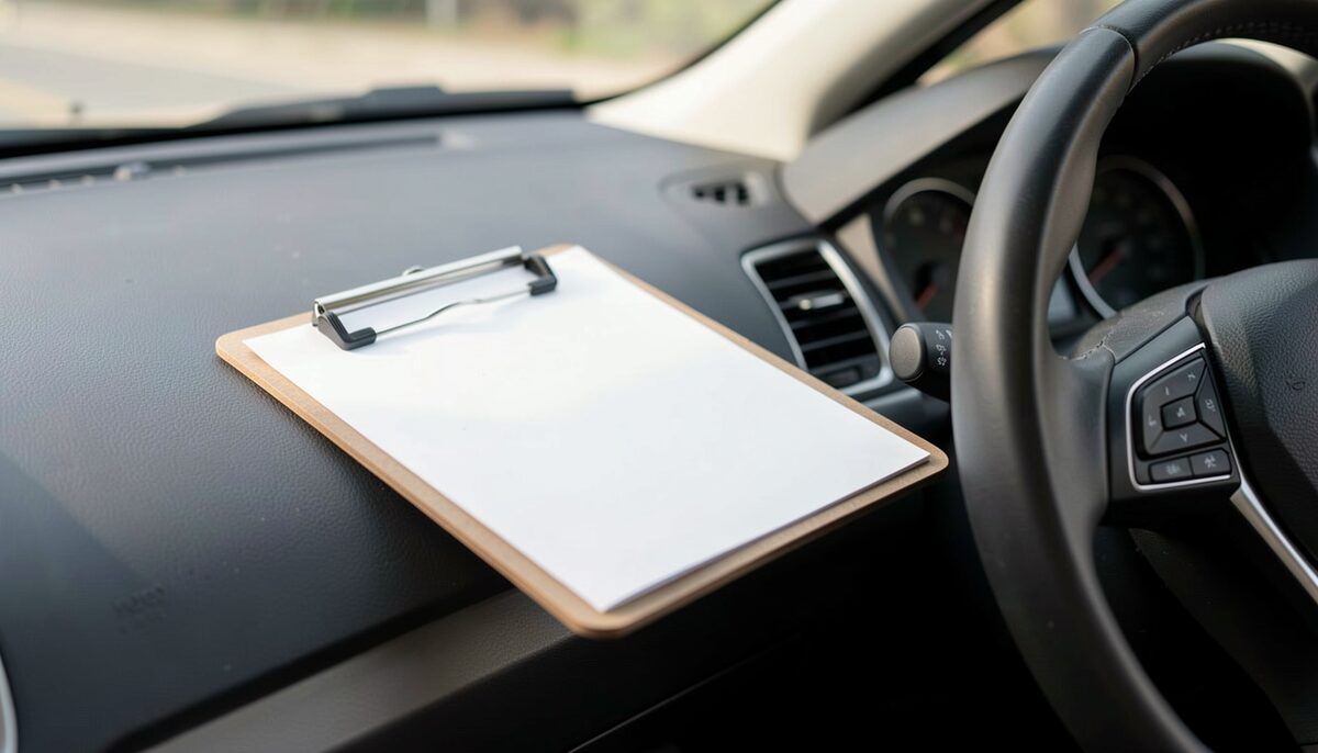 A clipboard lying face-down on a car dashboard so only its blank metal clip and board back show