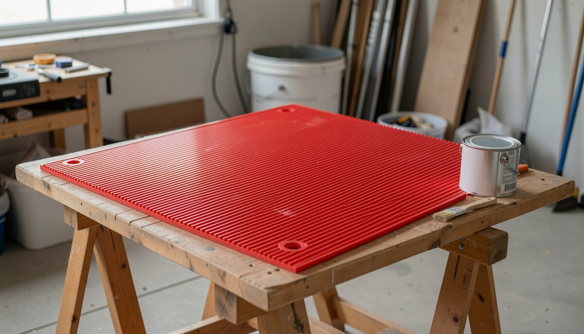 A red corrugated plastic sign panel lying flat on sawhorses in a garage workshop, a tin of white paint and a brush beside it
