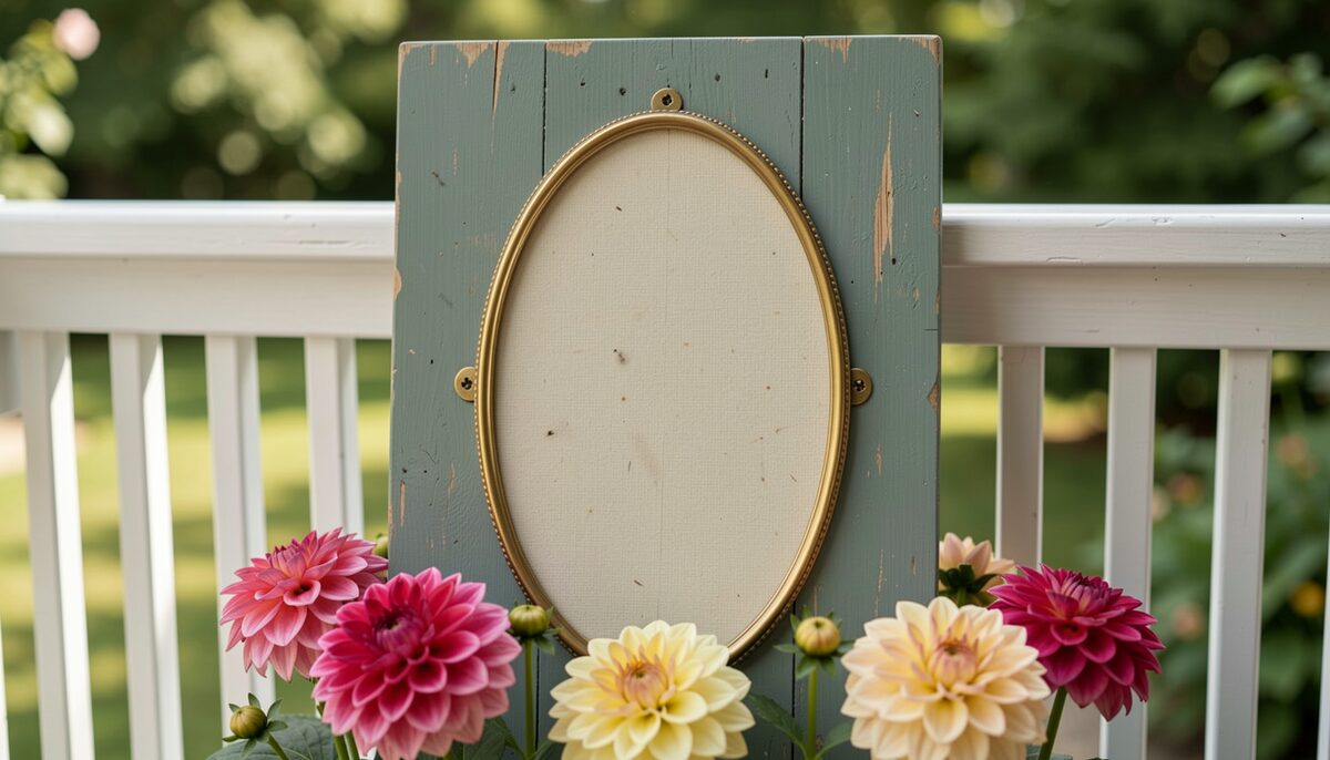 An empty oval brass frame screwed to the blank back of a painted wooden board leaning on a porch rail, dahlias below