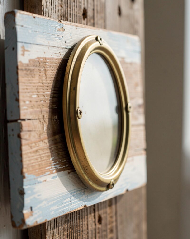 An empty oval brass frame screwed to the blank back of a painted wooden board leaning on a porch rail, dahlias below