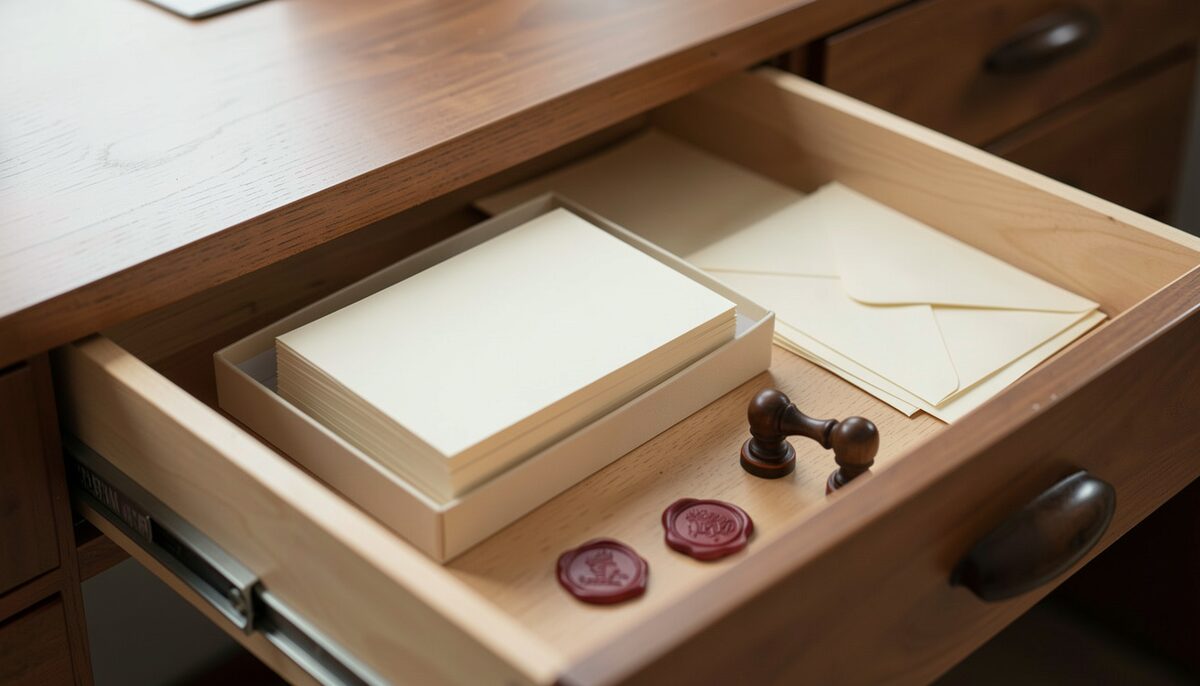 A desk drawer open on a stack of blank cream cards still in their box, envelopes face-down, wax seal stamps beside