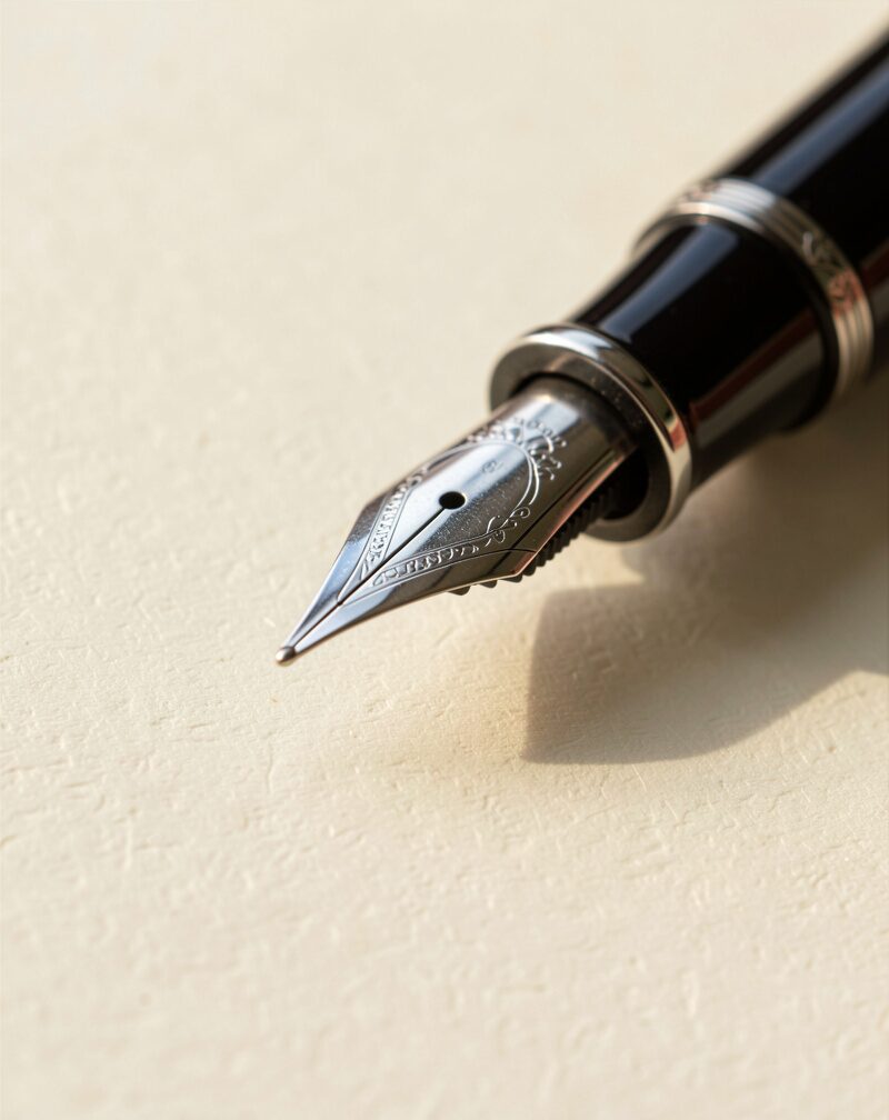 A desk drawer open on a stack of blank cream cards still in their box, envelopes face-down, wax seal stamps beside