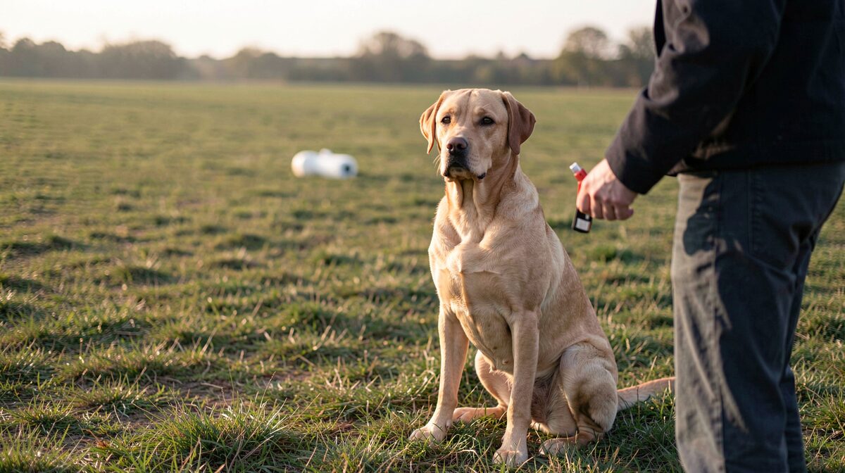 A flat grassy training field at first light, a labrador sitting steady beside a handler holding a whistle, a white dummy visible in the grass ahead, framed low from the handler's shoulder height.