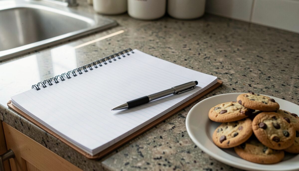 A blank ruled clipboard lying empty on a kitchen counter beside a plate of cookies, a pen resting across it