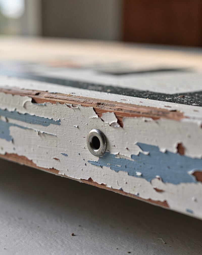 The bottom edge of a weathered painted board on a lawn seen from its unprinted back, chipped paint layers and grass blades