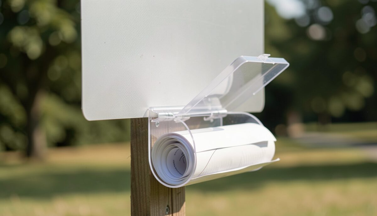 A plastic brochure tube mounted under a yard sign, its lid open, showing rolled flyers inside spotted with rain