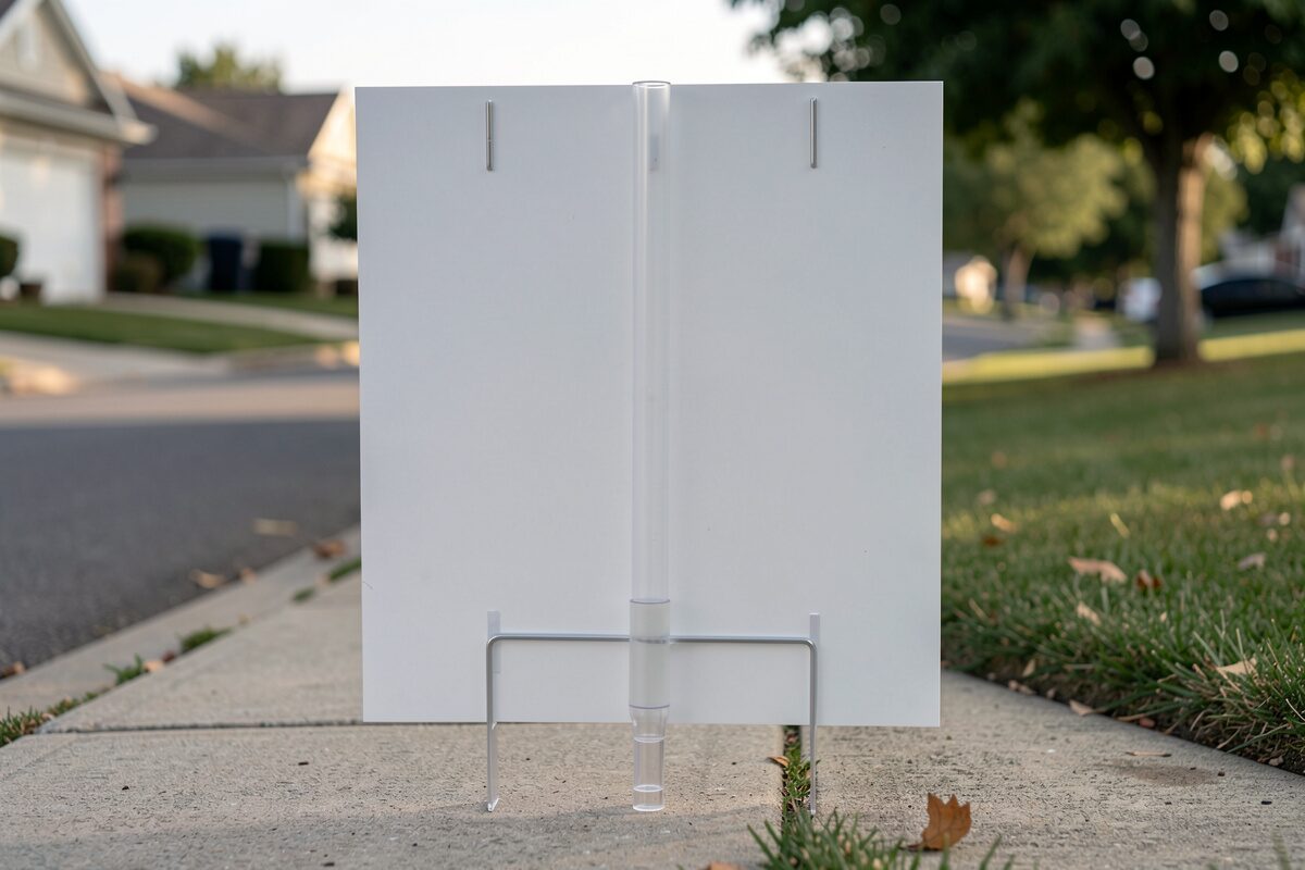 The wider scene around the sign: The flyer tube and the one-page document it keeps dry.