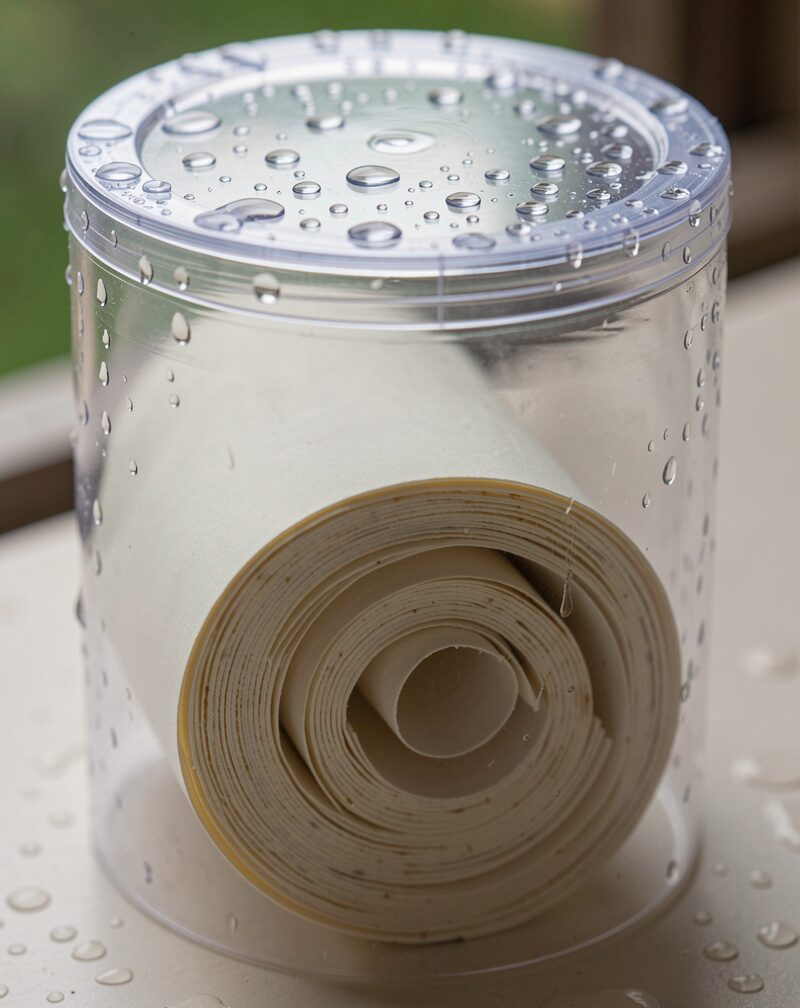 A plastic brochure tube mounted under a yard sign, its lid open, showing rolled flyers inside spotted with rain