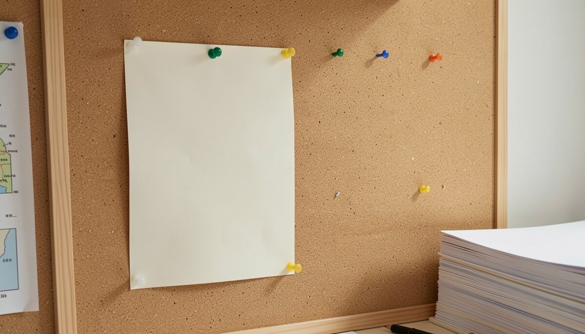 A paper map pinned printed-side to a corkboard so only its blank cream reverse faces the camera, pushpins at the corners
