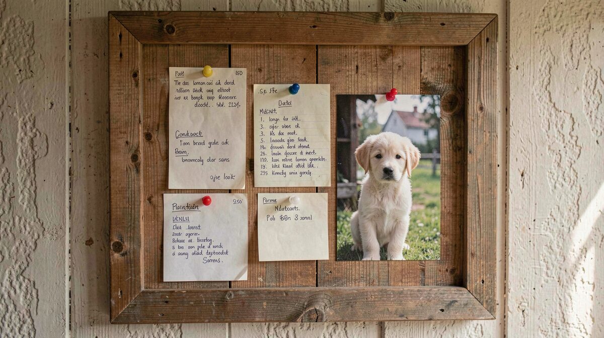 A wooden kennel notice board on a Swedish farm wall, pinned dated briefs and a puppy photo, soft morning light, close-up straight-on framing.
