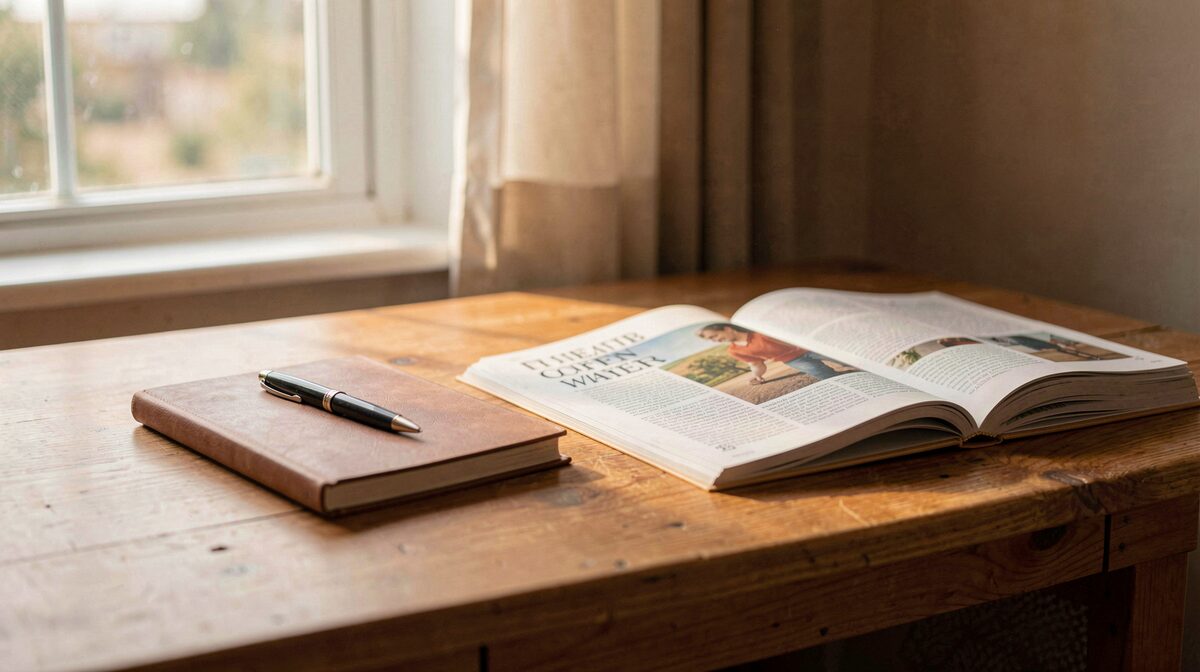 A modest home desk with a notebook, a pen and an open magazine under warm afternoon window light, shot close and straight-on.