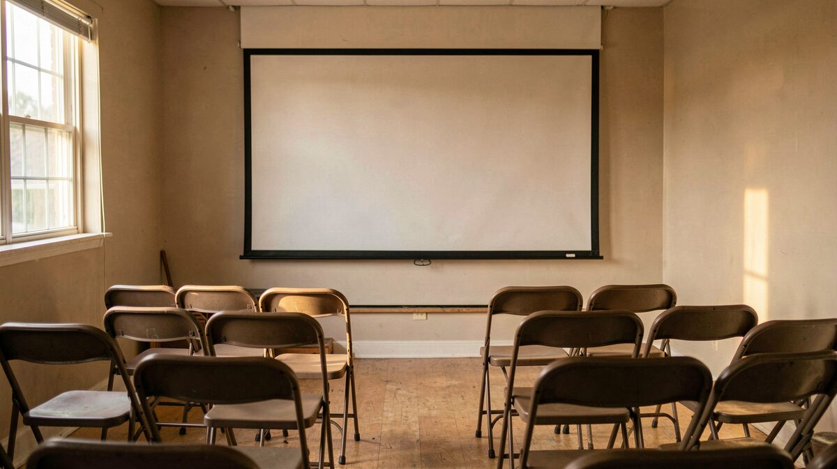 A small community screening room with empty folding chairs facing a blank projection screen, warm late-afternoon light through a side window, framed from the back row.