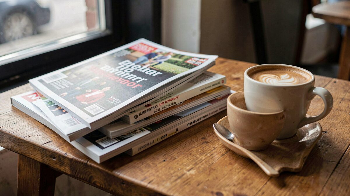 A stack of open Dutch-language magazines on a wooden café table beside a coffee cup, soft morning window light, close-up framing.