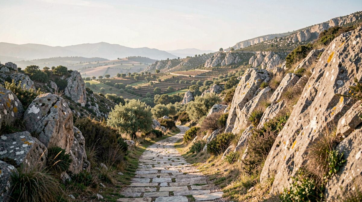 A narrow stone footpath winding through the limestone hills of the Caroig massif in Valencia, morning light, olive terraces in the middle distance, wide landscape framing.