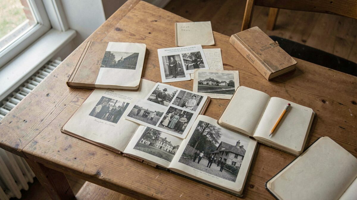 A reading-room table with printed archive photographs laid out beside a notebook, lit by a window, framed from above.